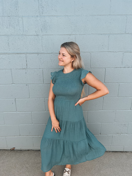 TEAL SMOCKED MIDI DRESS