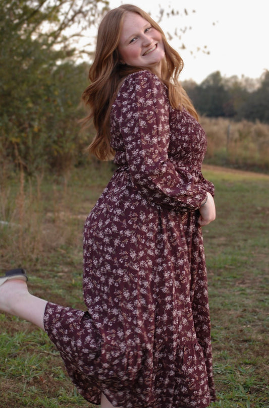 MAROON FLORAL MIDI DRESS