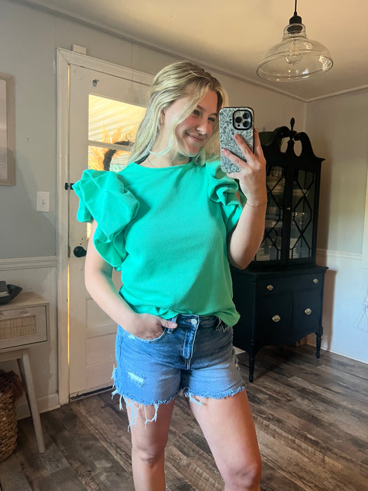 KELLY GREEN RUFFLE TOP