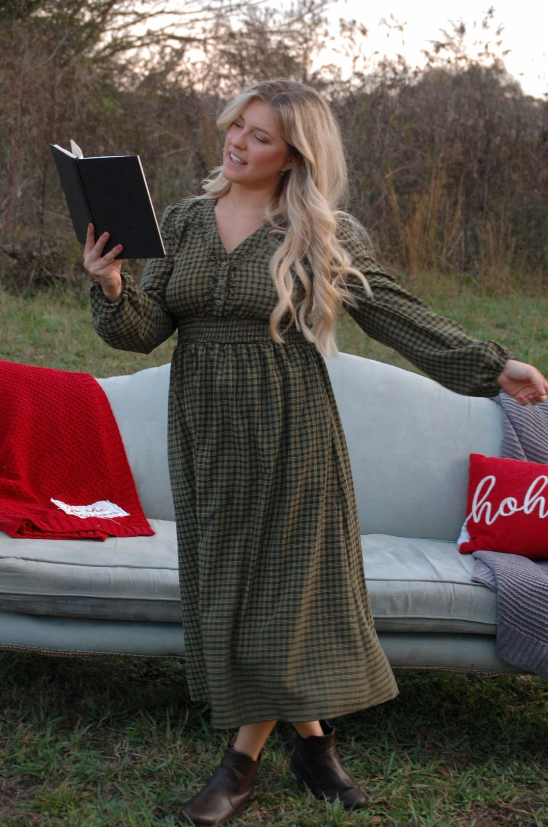 OLIVE PLAID MIDI DRESS