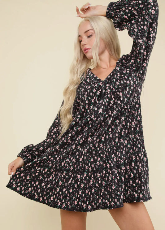 BLACK FLORAL CORDUROY DRESS