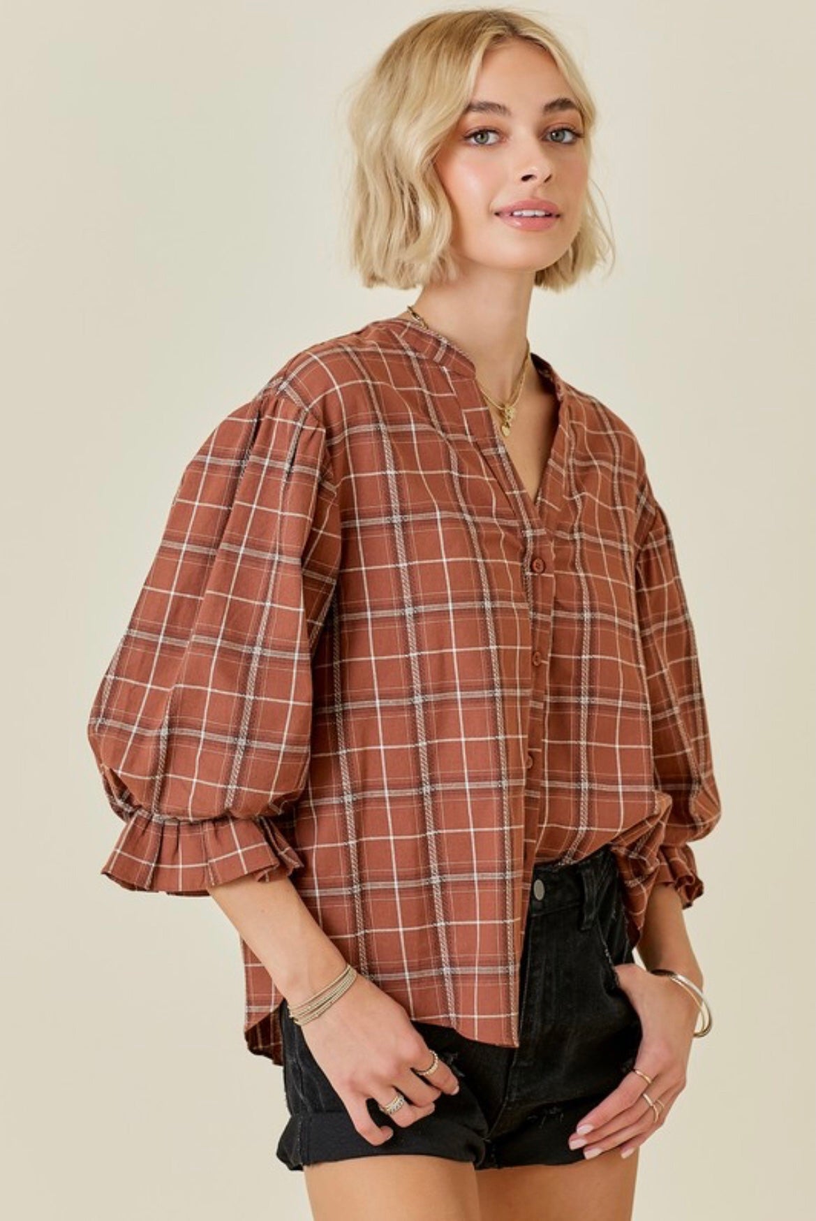 Brown plaid ruffle shirt